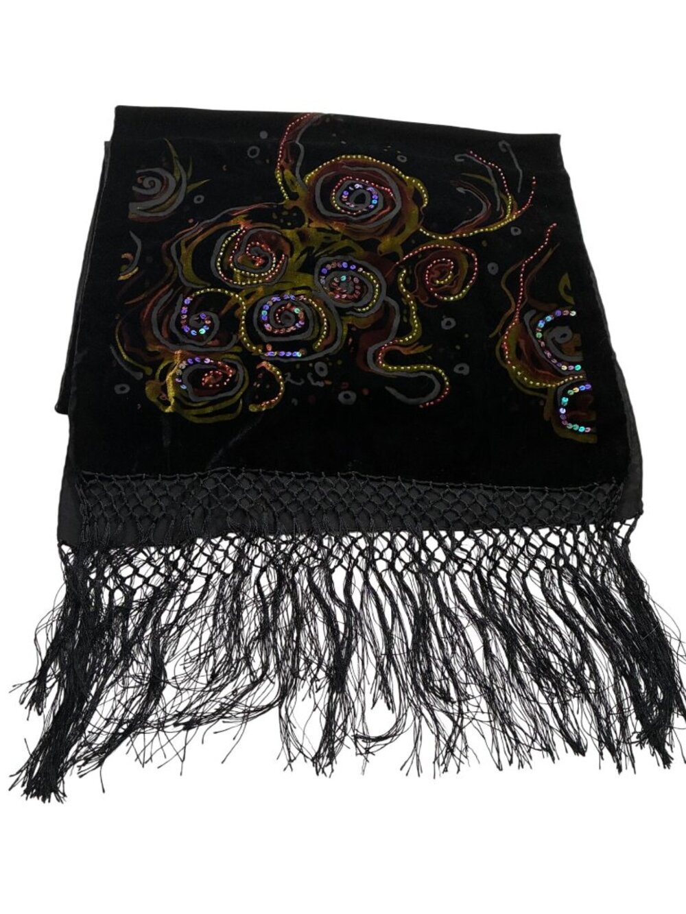 Black Velvet burn out Shawl Multicolor Swirl beaded sequins & Fringe Details